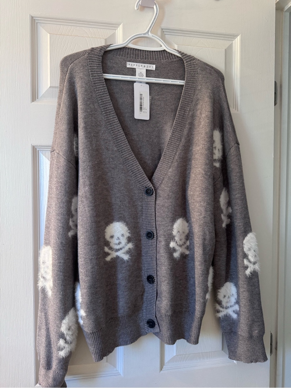 Pepper & Zoe Gray Skull-Print Button Cardigan Sweater